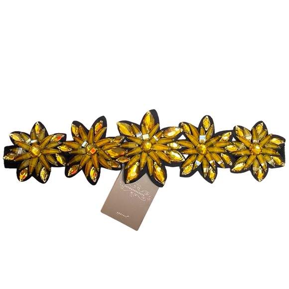 Anthropologie Jeweled Floral Elastic Belt, Gold Black, Small, NWT - Main Image